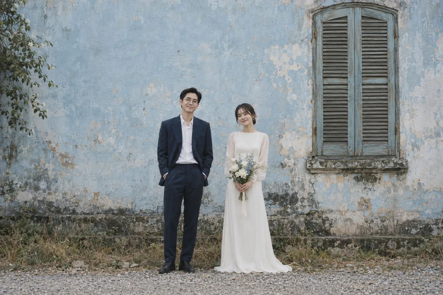 Nam và Trang đứng trước bức tường xanh cũ