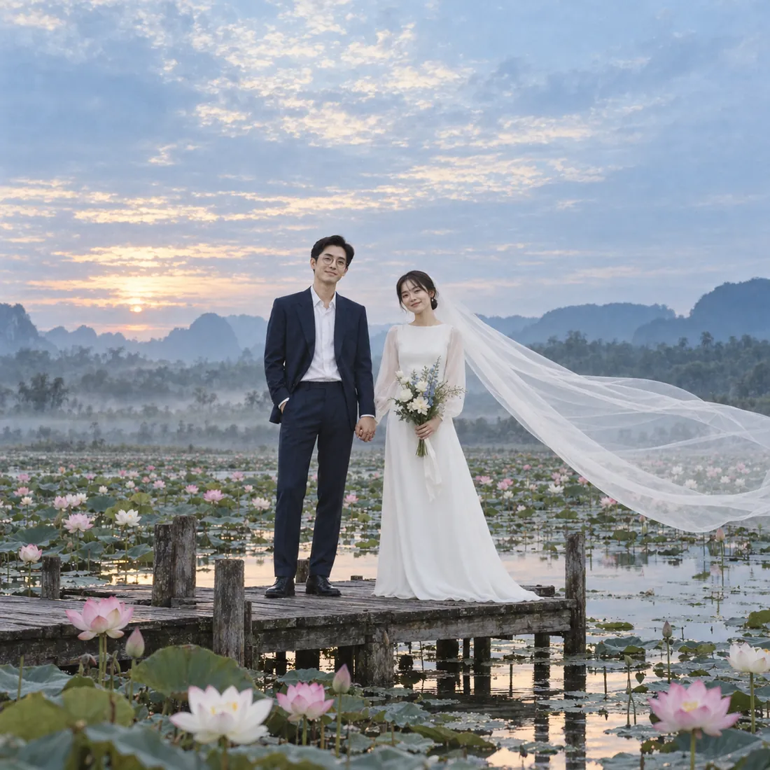 Ảnh cưới bên đầm sen